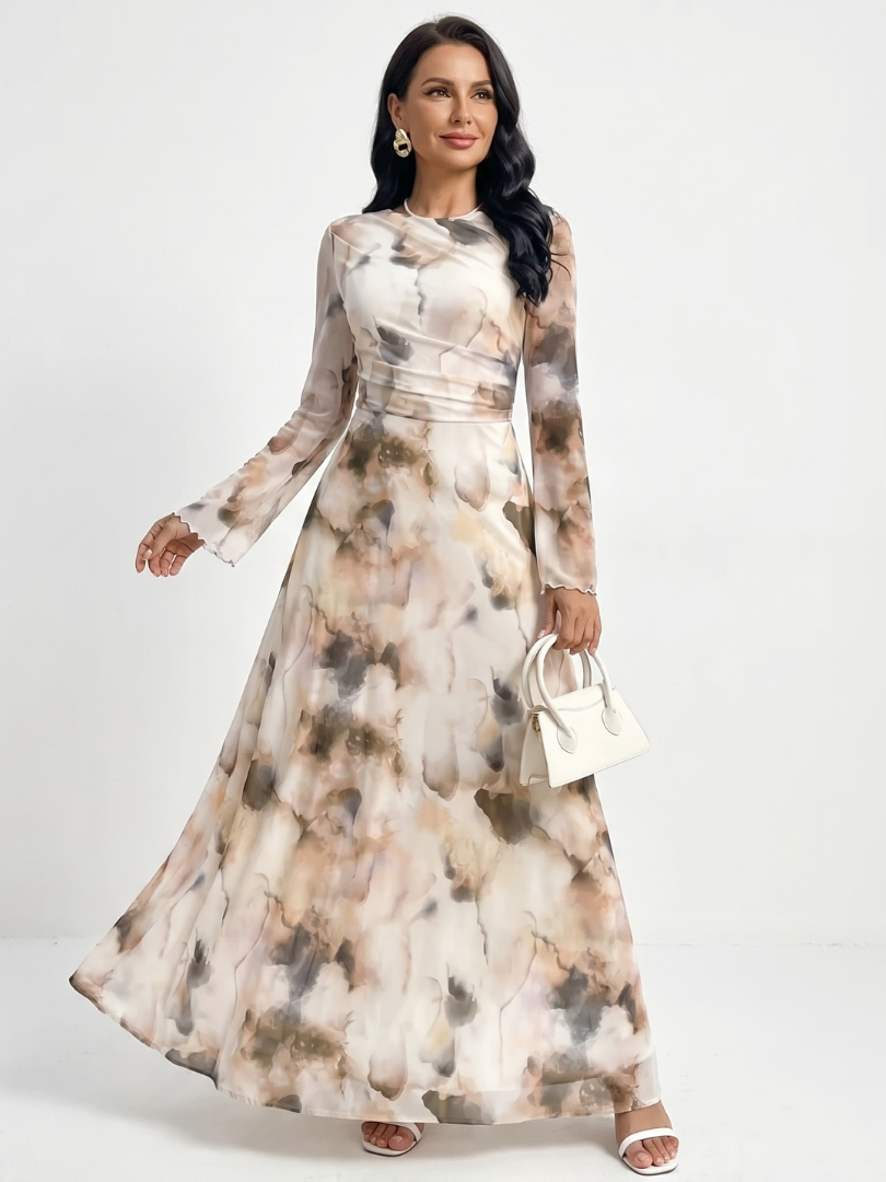Roxana | Long Sleeve Abstract Print Waist Maxi Dress