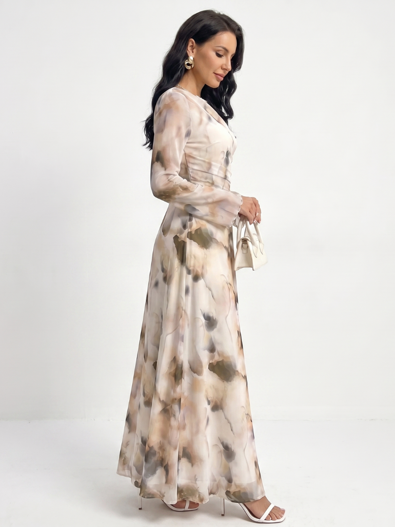 Roxana | Long Sleeve Abstract Print Waist Maxi Dress