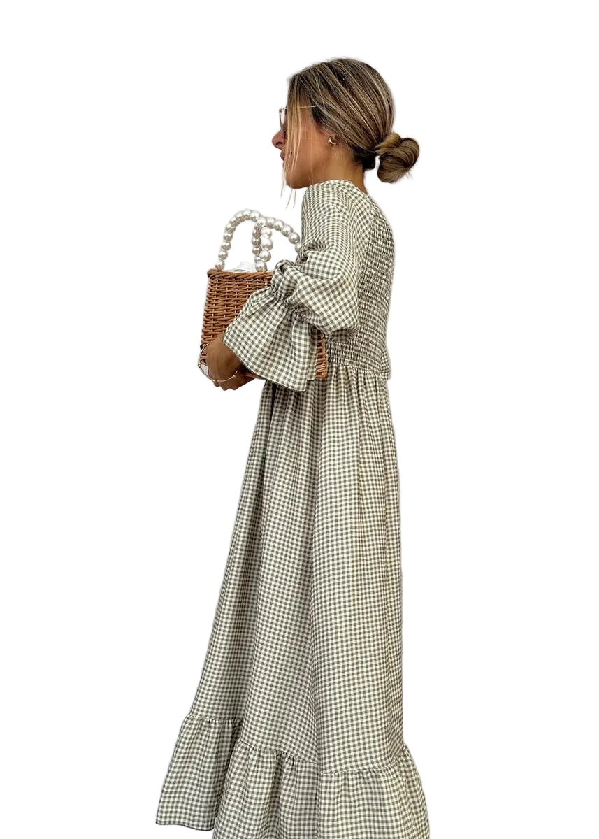 Elara | Green Check Maxi Dress